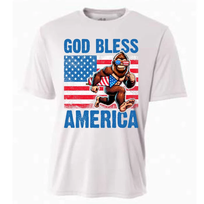 Bigfoot Holding Firework God Bless America Cooling Performance Crew T-Shirt