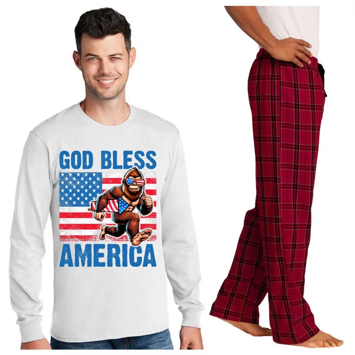 Bigfoot Holding Firework God Bless America Long Sleeve Pajama Set