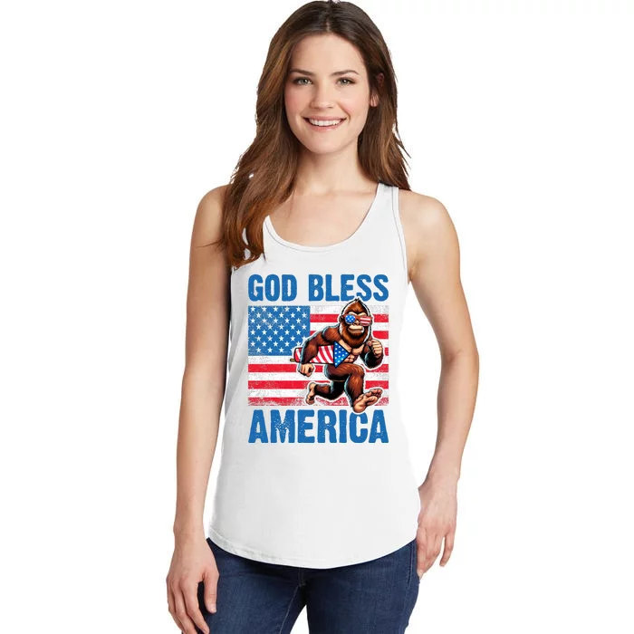 Bigfoot Holding Firework God Bless America Ladies Essential Tank