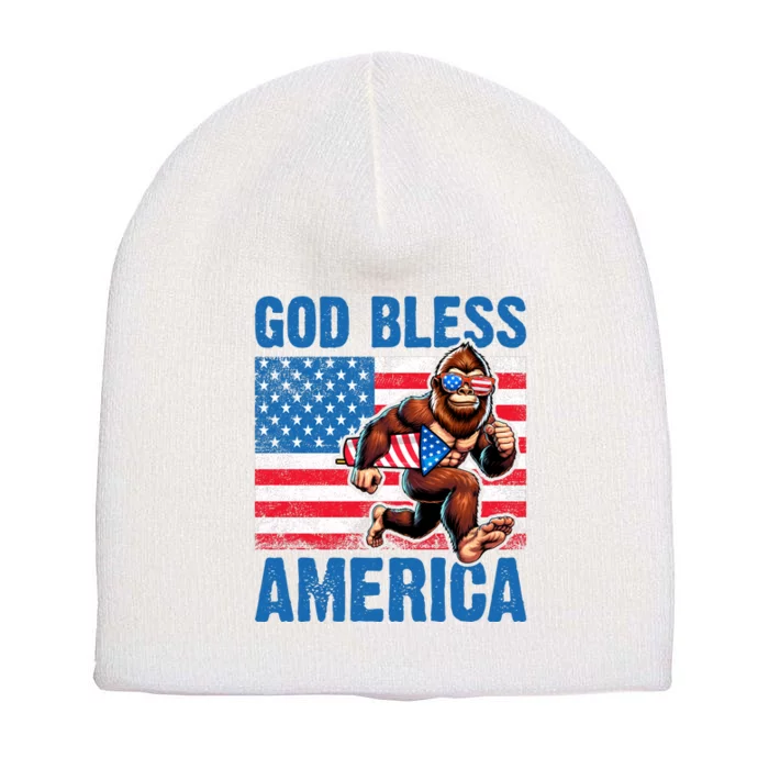 Bigfoot Holding Firework God Bless America Short Acrylic Beanie