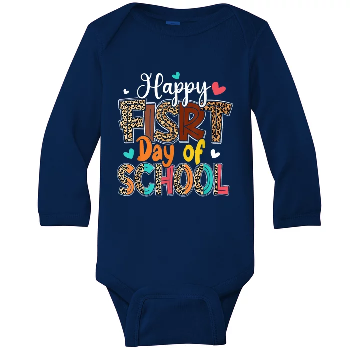 Bleached Happy First Day Of School Teacher Leopard Stundent Baby Long Sleeve Bodysuit