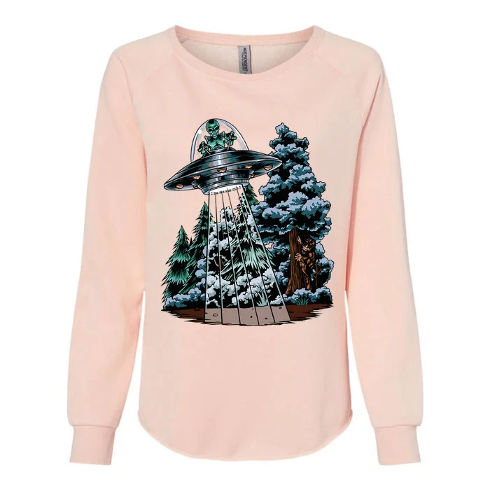 Bigfoot Hiding From Alien In A Ufo Behind A Tree Forest Womens California Wash Sweatshirt