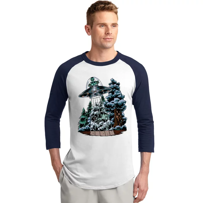 Bigfoot Hiding From Alien In A Ufo Behind A Tree Forest Baseball Sleeve Shirt