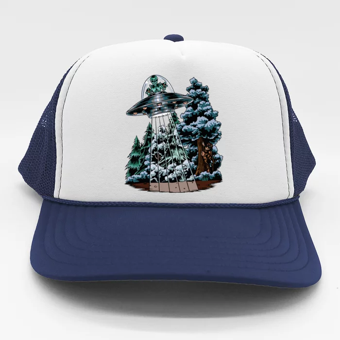 Bigfoot Hiding From Alien In A Ufo Behind A Tree Forest Trucker Hat