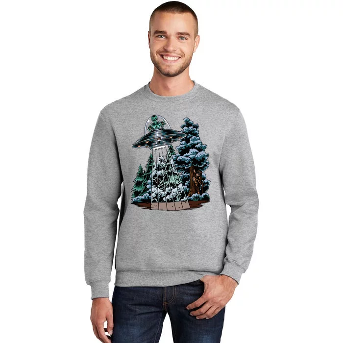 Bigfoot Hiding From Alien In A Ufo Behind A Tree Forest Tall Sweatshirt