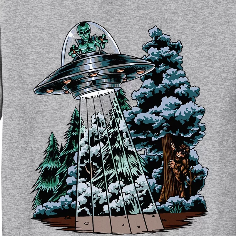 Bigfoot Hiding From Alien In A Ufo Behind A Tree Forest Tall Sweatshirt