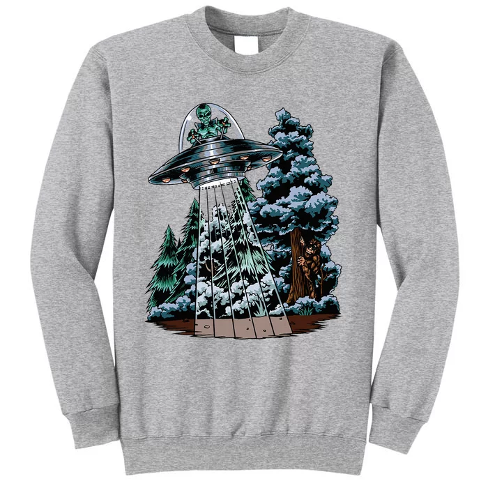 Bigfoot Hiding From Alien In A Ufo Behind A Tree Forest Tall Sweatshirt