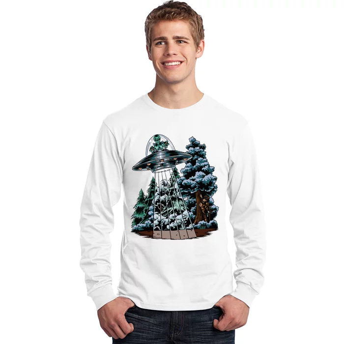 Bigfoot Hiding From Alien In A Ufo Behind A Tree Forest Long Sleeve Shirt