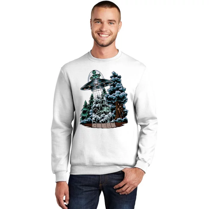 Bigfoot Hiding From Alien In A Ufo Behind A Tree Forest Sweatshirt