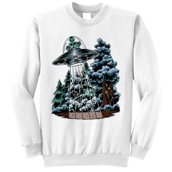 Bigfoot Hiding From Alien In A Ufo Behind A Tree Forest Sweatshirt