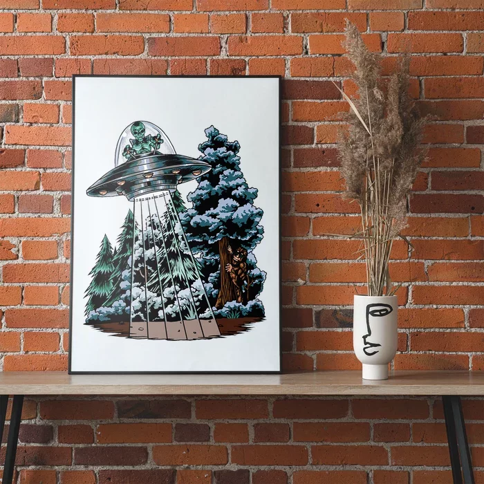 Bigfoot Hiding From Alien In A Ufo Behind A Tree Forest Poster