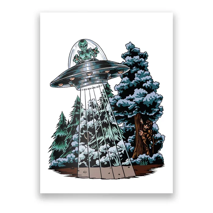 Bigfoot Hiding From Alien In A Ufo Behind A Tree Forest Poster