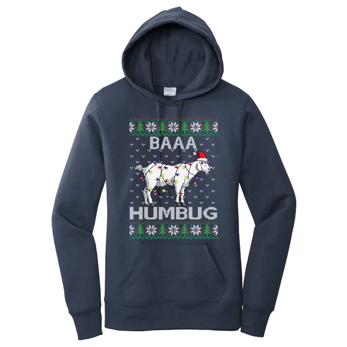 Baaa Humbug Goat Santa Hat Christmas Lights Ugly Sweater Gift Women's Pullover Hoodie