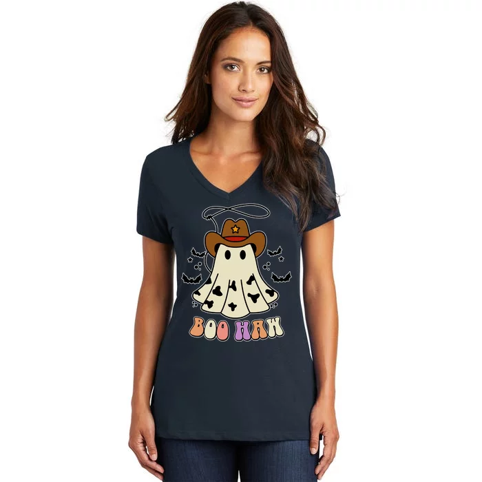 Boo Haw Ghost Western Cowboy Cowgirl Halloween Women's V-Neck T-Shirt