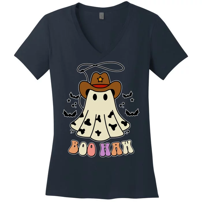 Boo Haw Ghost Western Cowboy Cowgirl Halloween Women's V-Neck T-Shirt