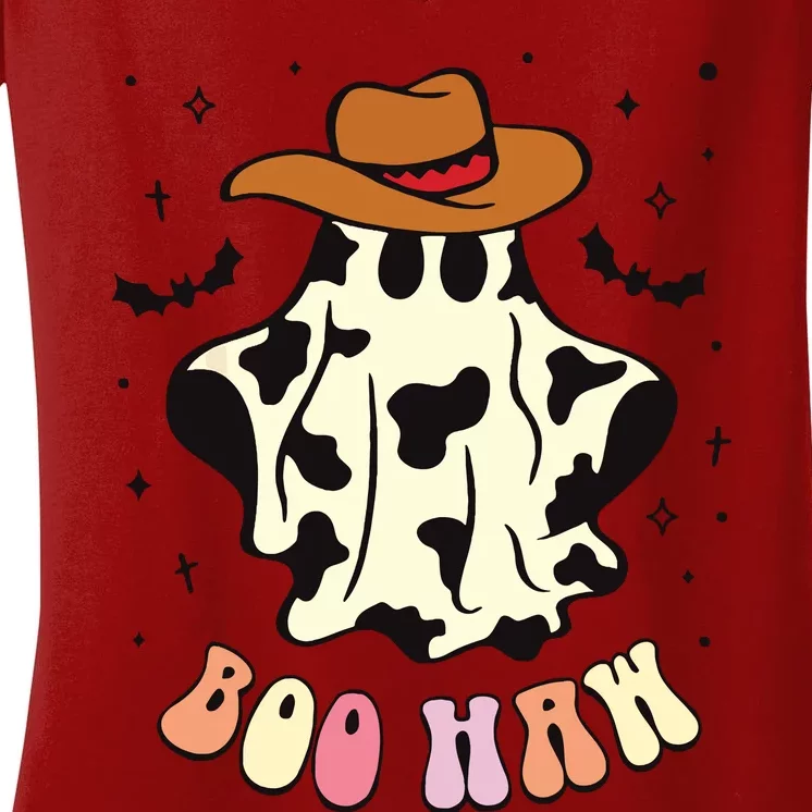 Boo Haw Ghost Western Cowboy Cowgirl Funny Halloween Spooky Women's V-Neck T-Shirt