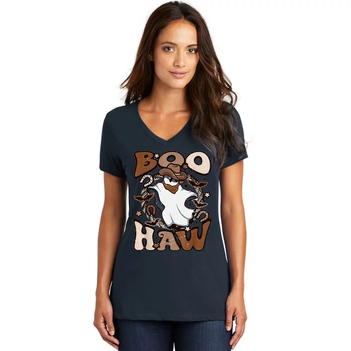 Boo Haw Ghost Western Halloween Boohaw Spooky Vibes Women's V-Neck T-Shirt