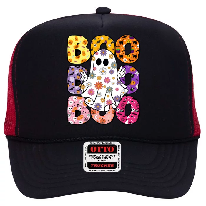 Boo Halloween Ghost Floral High Crown Mesh Trucker Hat