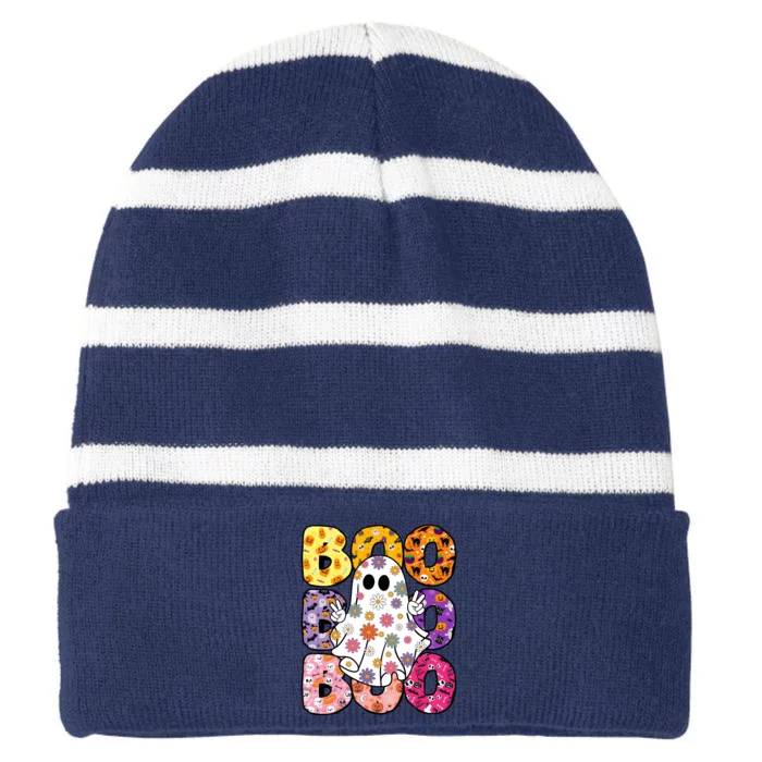 Boo Halloween Ghost Floral Striped Beanie with Solid Band