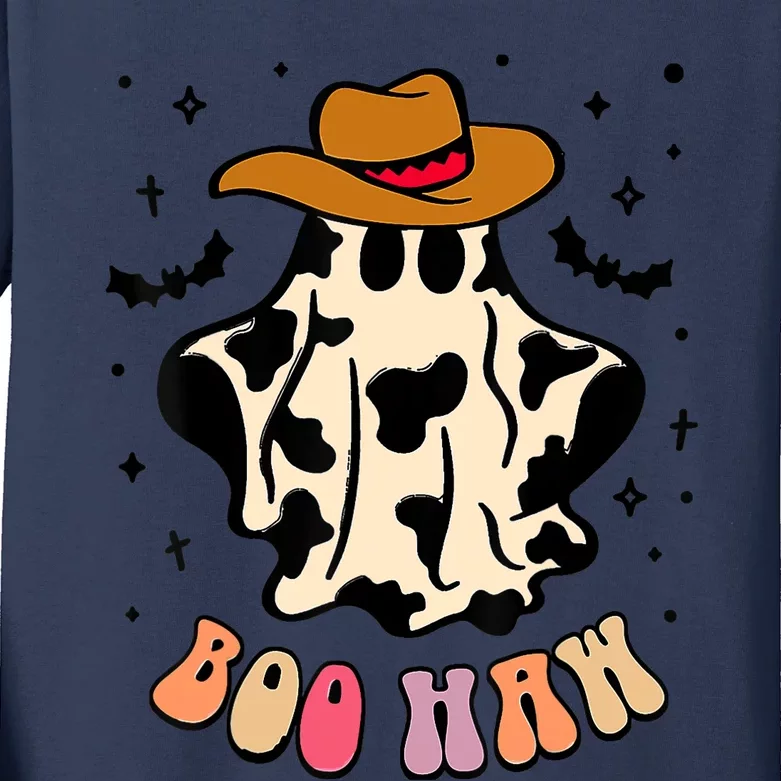 Boo Haw Ghost Western Cowboy Funny Halloween Spooky Season Kids Long Sleeve Shirt