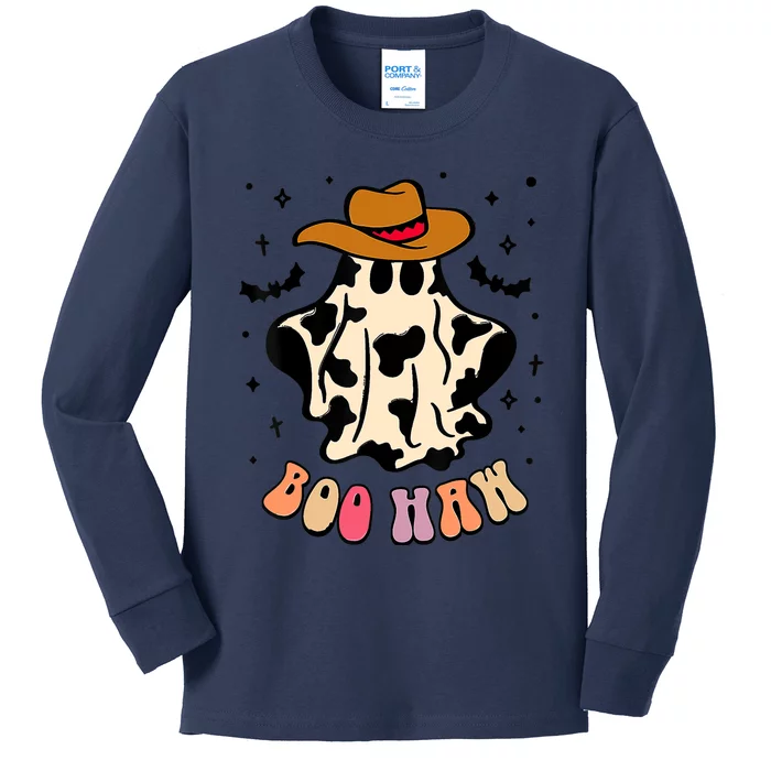 Boo Haw Ghost Western Cowboy Funny Halloween Spooky Season Kids Long Sleeve Shirt