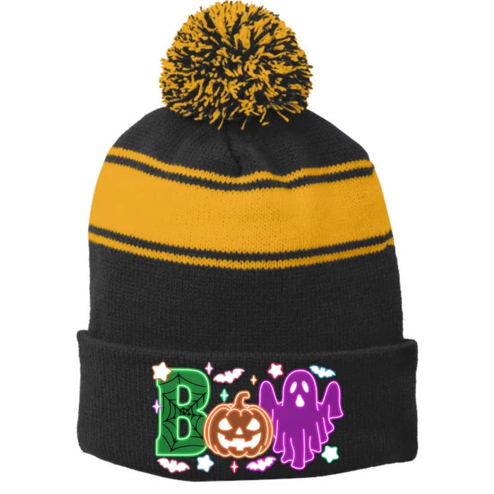 Boo Halloween Ghost Floral Stripe Pom Pom Beanie