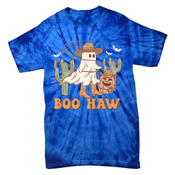 Boo Haw Ghost Western Cow Wearing Hat Halloween Spooky Gift Tie-Dye T-Shirt