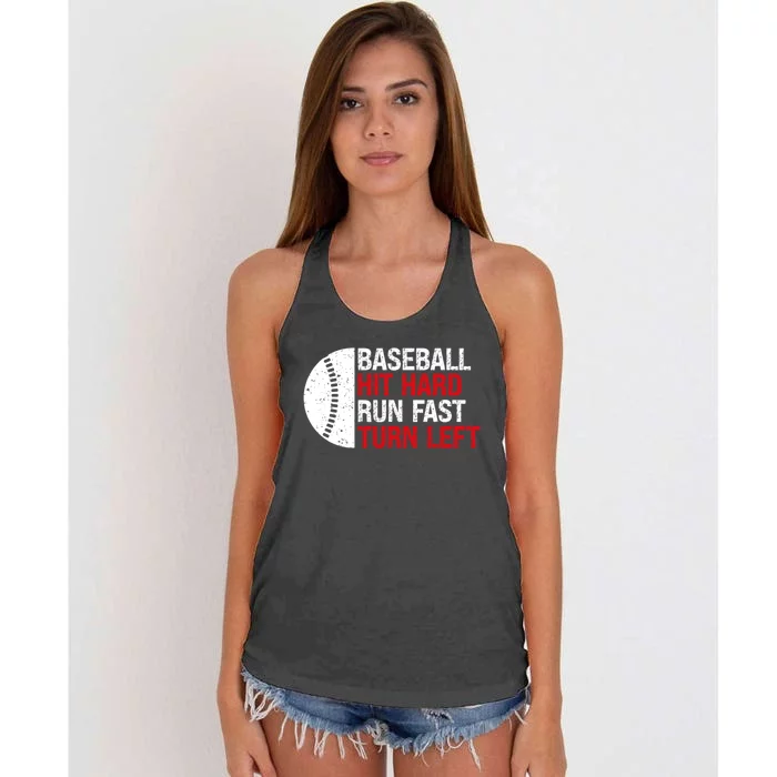 Baseball Hit Hard Run Fast Turn Left Funny Sport Baseball Women's Knotted Racerback Tank