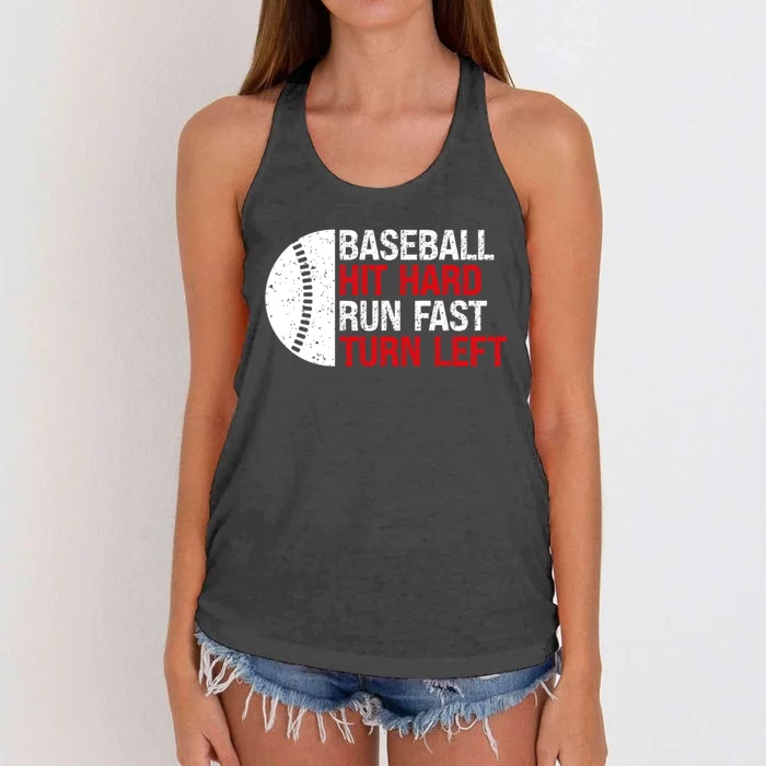 Baseball Hit Hard Run Fast Turn Left Funny Sport Baseball Women's Knotted Racerback Tank