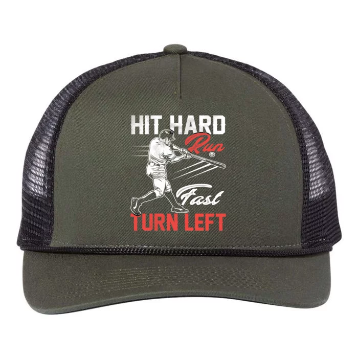 Baseball Hit Hard Run Fast Turn Left Funny Sport Vintage Gift Retro Rope Trucker Hat Cap