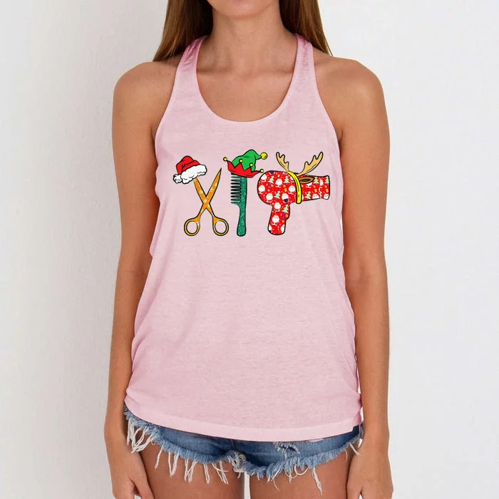 Barber Hair Hustler Christmas Pajama Cool Xmas Hair Stylist Women's Knotted Racerback Tank