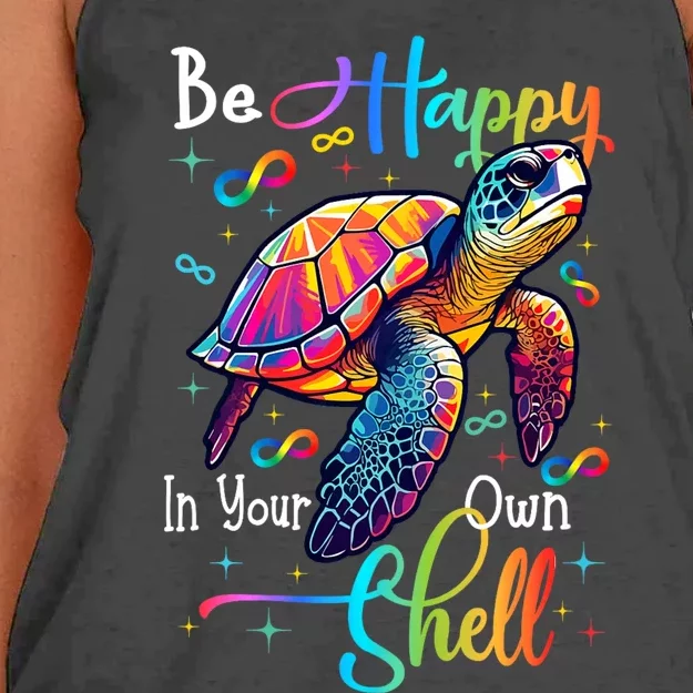 Be Happy In Your Own Shell Autism Awareness Rainbow Turtle Women's Knotted Racerback Tank