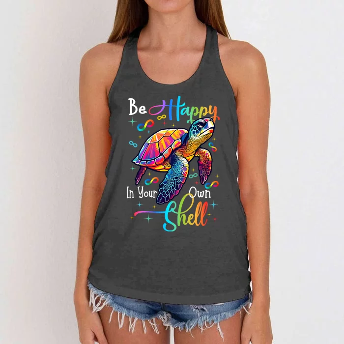 Be Happy In Your Own Shell Autism Awareness Rainbow Turtle Women's Knotted Racerback Tank