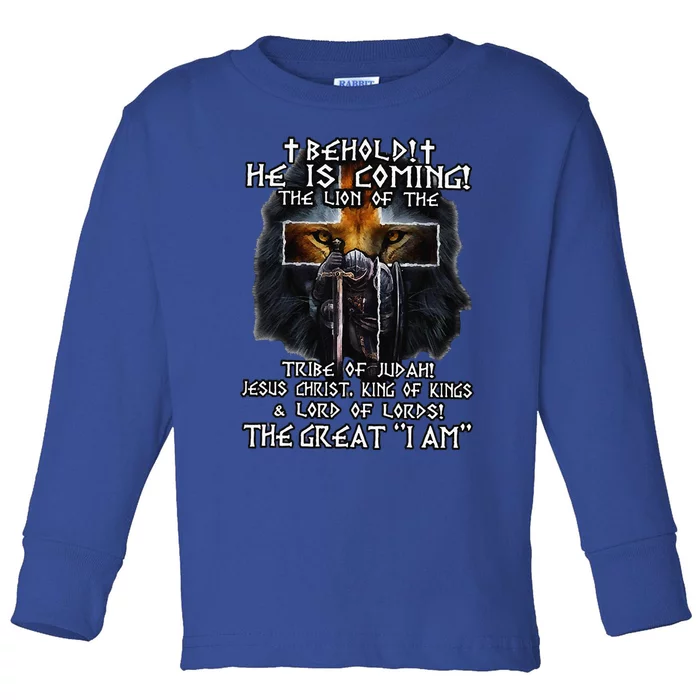 Behold He Is Coming The Lion Of The Tribe Of Judah Jesus Toddler Long Sleeve Shirt