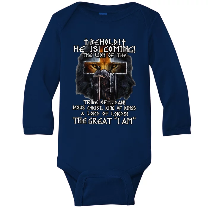 Behold He Is Coming The Lion Of The Tribe Of Judah Jesus Baby Long Sleeve Bodysuit