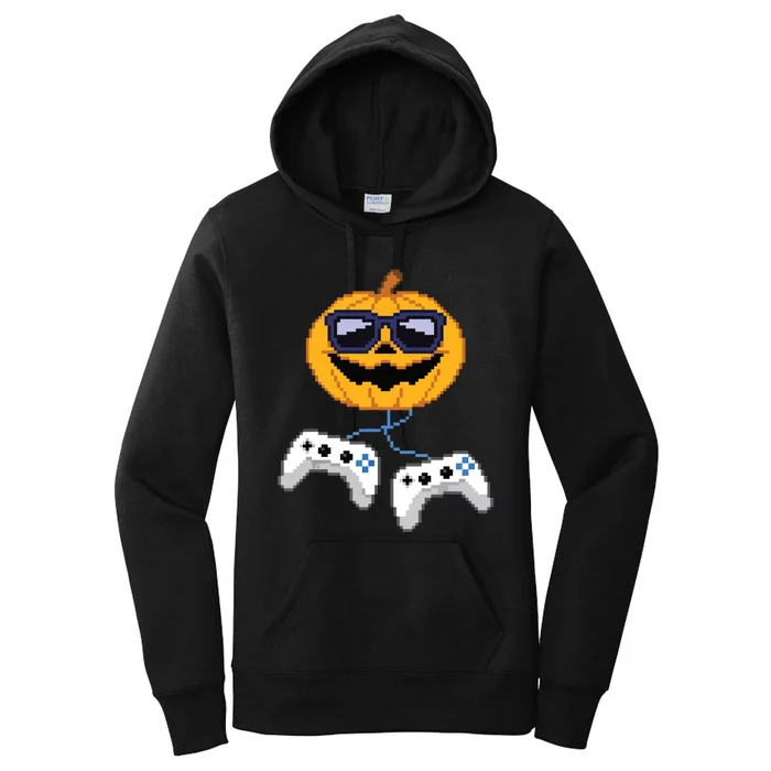 Boy Halloween Jack O Lantern Pixelated Gaming Gamer Women's Pullover Hoodie