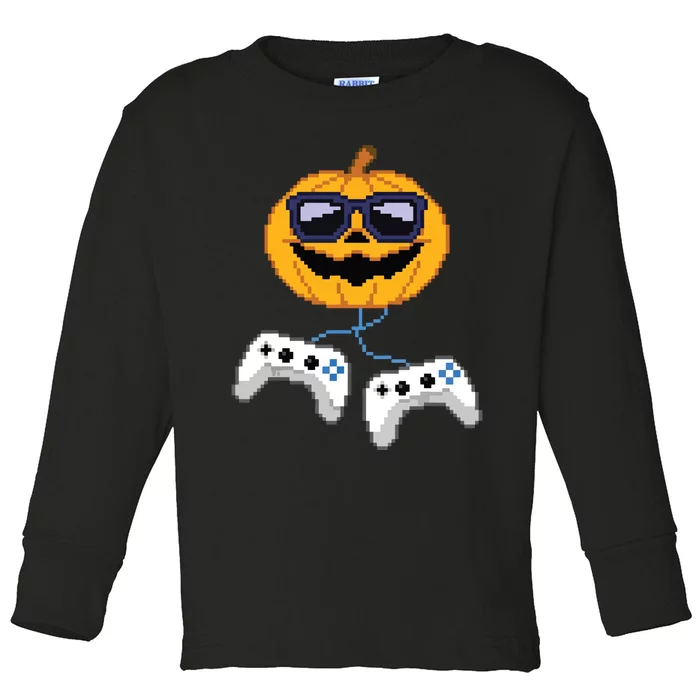 Boy Halloween Jack O Lantern Pixelated Gaming Gamer Toddler Long Sleeve Shirt