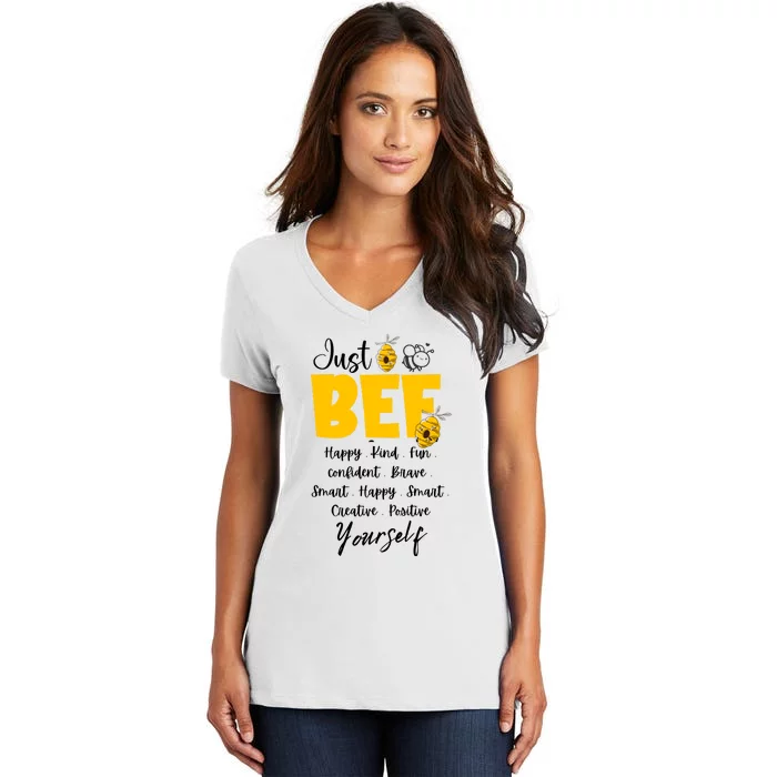 Bee Happy Kind Brave Humble Smart Positive Bumble Bee Womens Women's V-Neck T-Shirt