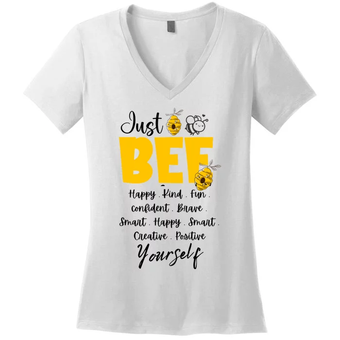 Bee Happy Kind Brave Humble Smart Positive Bumble Bee Womens Women's V-Neck T-Shirt