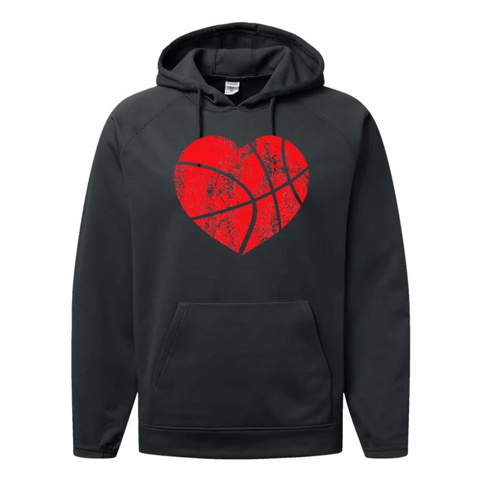 Basketball Heart Love Valentines Day Sport Player Coach Kids Performance Fleece Hoodie