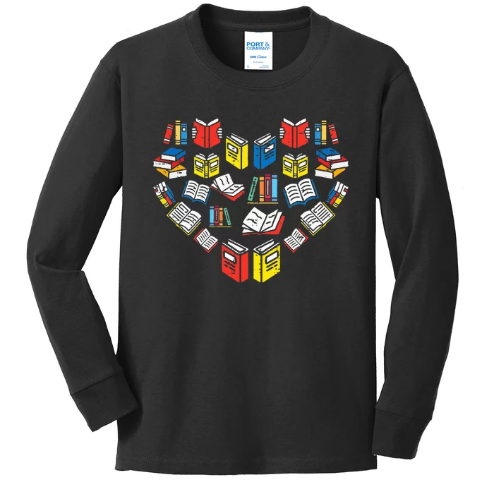 Books Heart Love Reading Teacher Librarian Bookworm Kids Long Sleeve Shirt