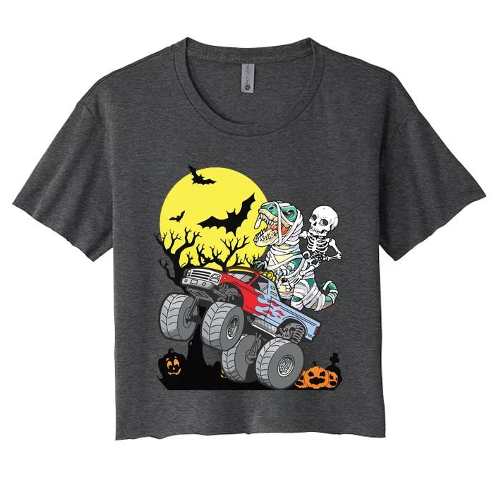 Boy Halloween Monster Truck Pumpkin Mummy Dinosaur T Rex Women's Crop Top Tee