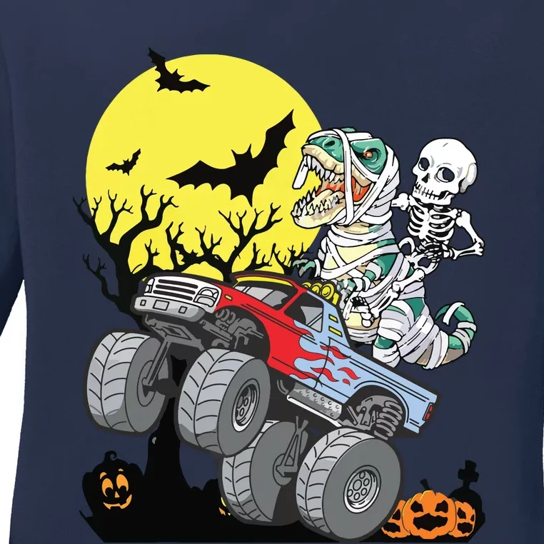 Boy Halloween Monster Truck Pumpkin Mummy Dinosaur T Rex Ladies Long Sleeve Shirt