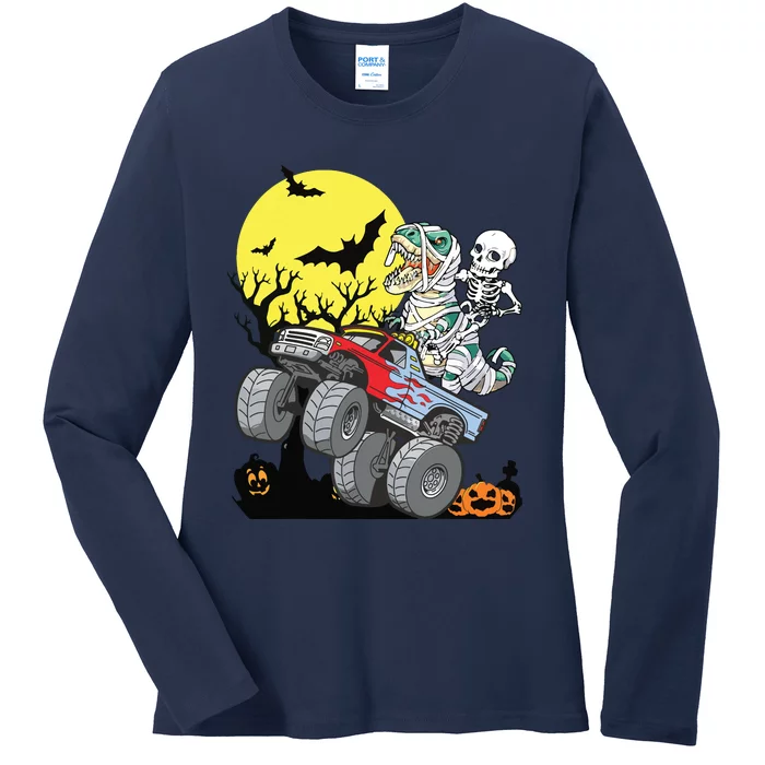 Boy Halloween Monster Truck Pumpkin Mummy Dinosaur T Rex Ladies Long Sleeve Shirt