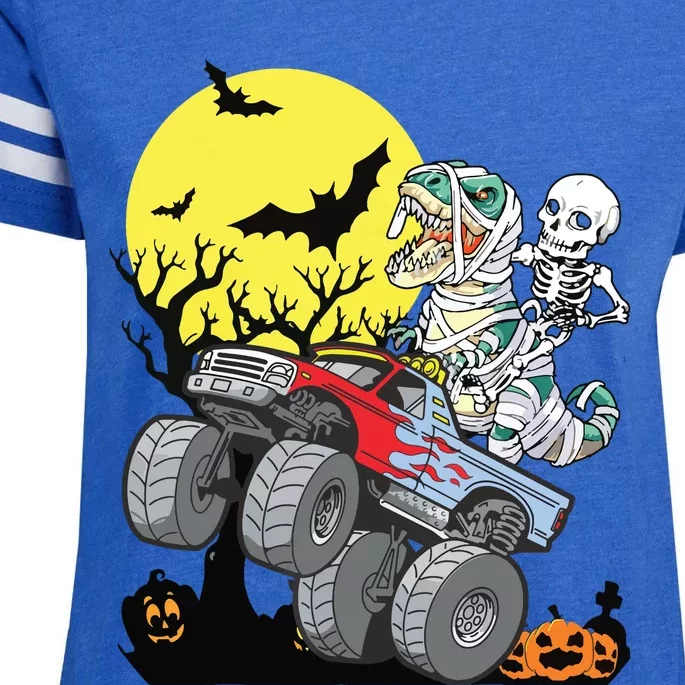 Boy Halloween Monster Truck Pumpkin Mummy Dinosaur T Rex Enza Ladies Jersey Football T-Shirt