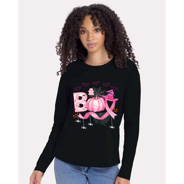 Boo Halloween October Breast Cancer Awareness Womens Cotton Relaxed Long Sleeve T-Shirt