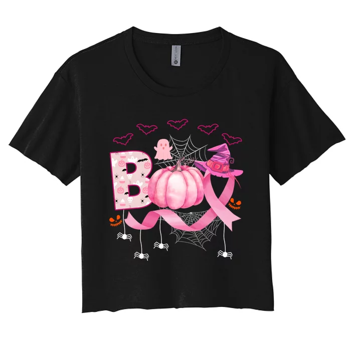 Boo Halloween October Breast Cancer Awareness Women's Crop Top Tee