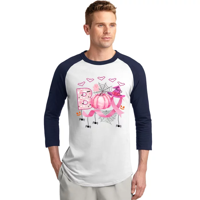 Boo Halloween October Breast Cancer Awareness Baseball Sleeve Shirt