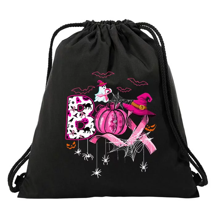 Boo Halloween Pumpkin Pink Ribbon Witch Breast Cancer Drawstring Bag