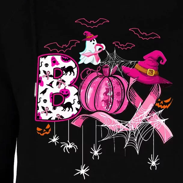 Boo Halloween Pumpkin Pink Ribbon Witch Breast Cancer Womens Funnel Neck Pullover Hood